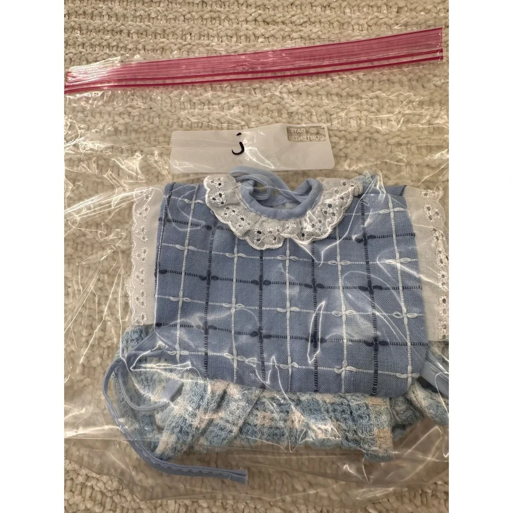 Vintage Doll Dress Blue Gingham Checkered Lace‎ Trim Teddy Bear Clothes Slip On